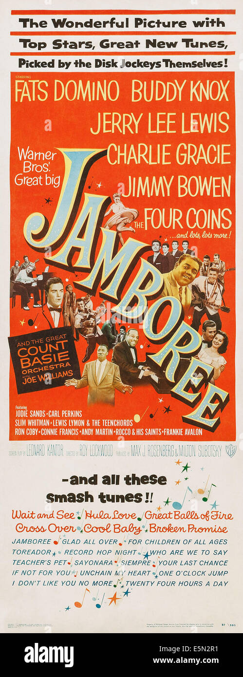 JAMBOREE, noi locandina, Fats Domino (al centro a destra), Jerry Lee Lewis (in alto a sinistra), Count Basie (secondo da in basso a sinistra), Joe Foto Stock
