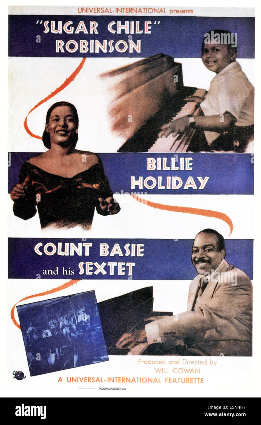 "Zucchero Cile " ROBINSON, Billie Holiday, Count Basie e il suo sestetto, dall'alto: "uger Cile " Robinson, Billie Holiday, conteggio Foto Stock