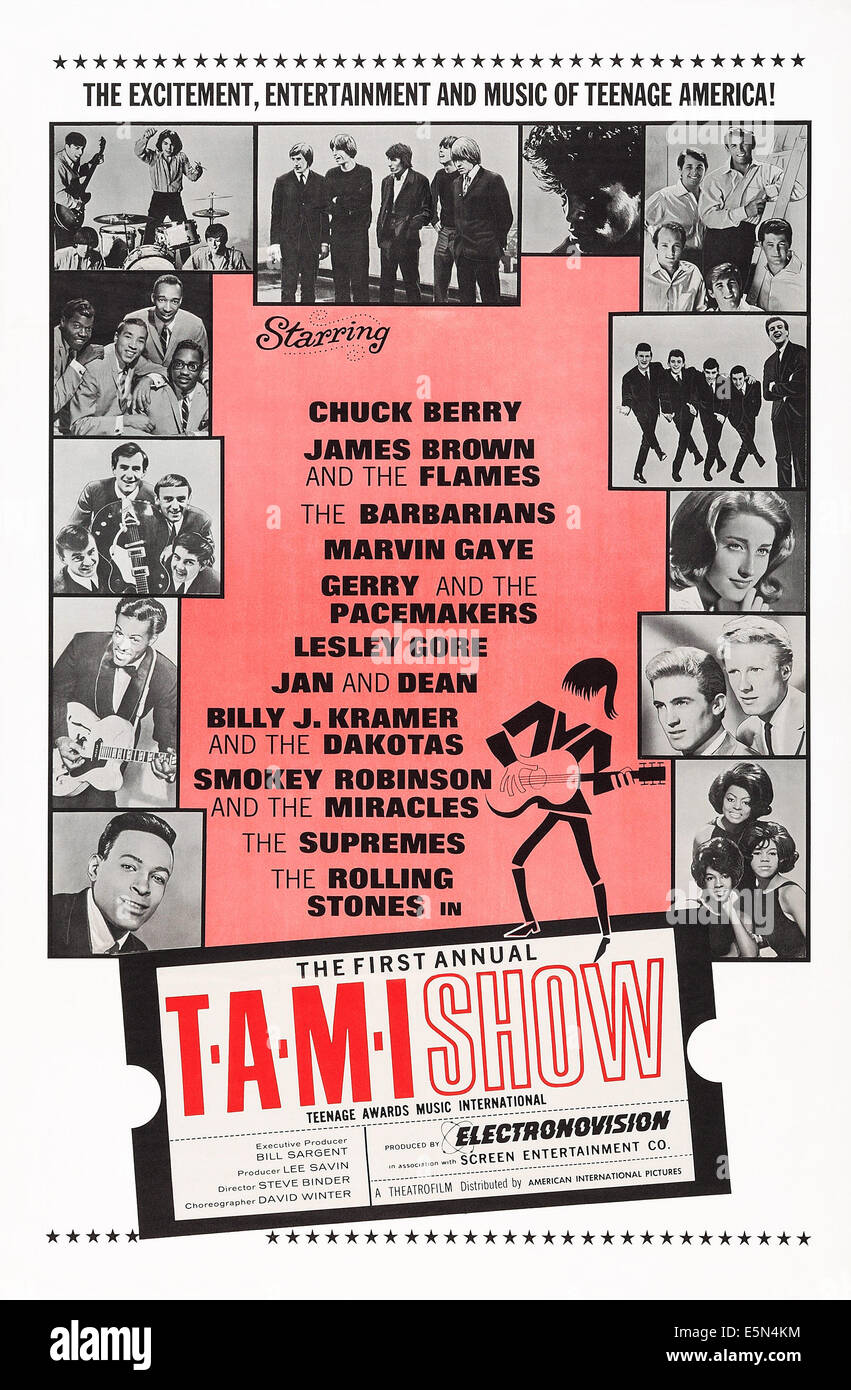 T.A.M.I. Visualizza, in senso orario dal basso a sinistra: Marvin Gaye, Chuck Berry, Gerry e il pacemaker, Smokey Robinson e il Foto Stock