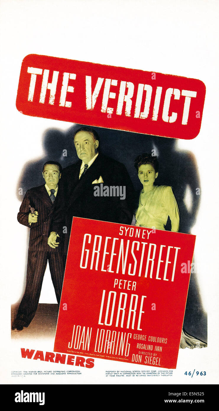 Il verdetto, noi locandina, da sinistra: Peter Lorre, Sydney Greenstreet, Joan Lorring, 1946 Foto Stock