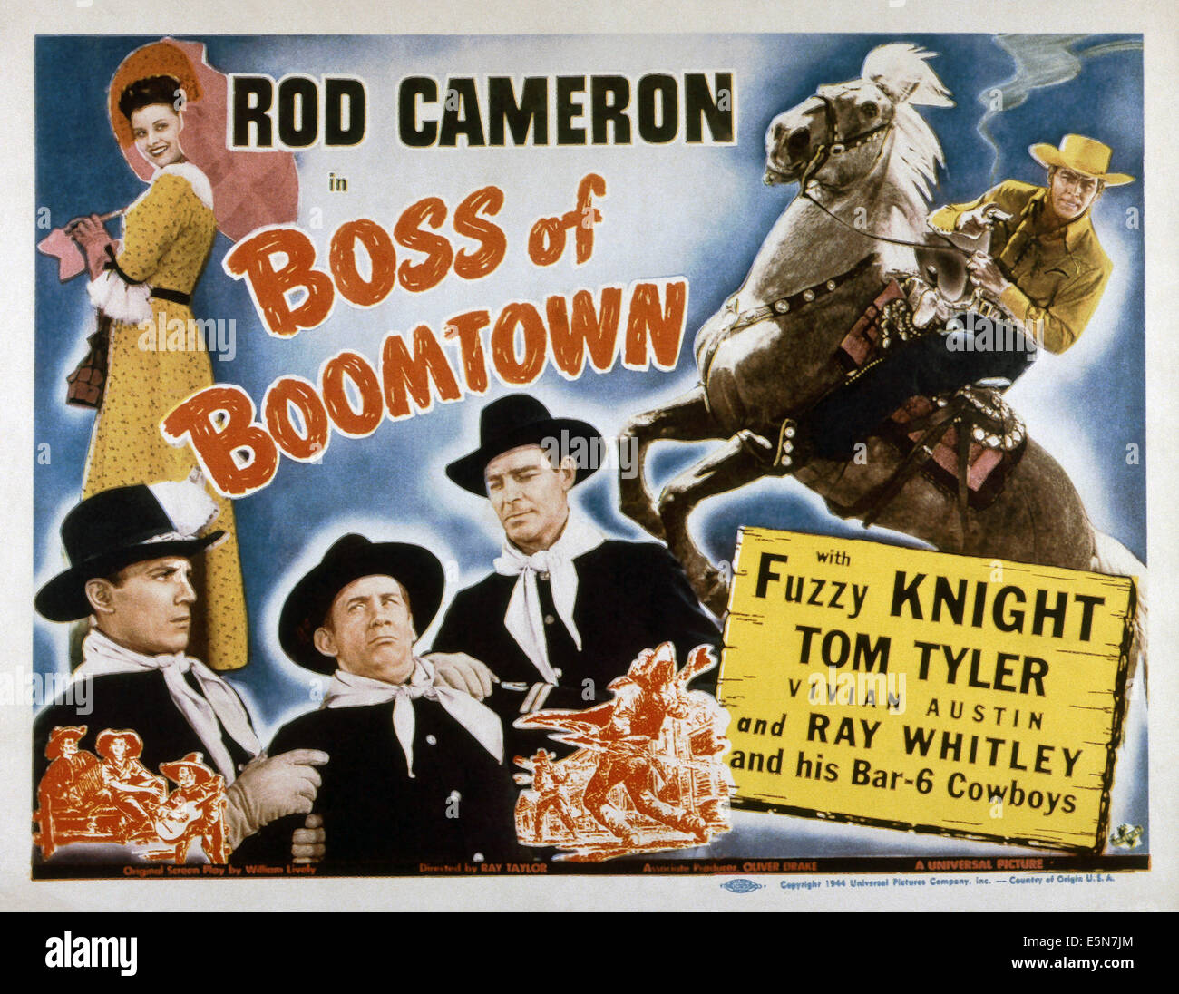Il boss della BOOMTOWN, dal basso a sinistra: Tom Tyler, Fuzzy Knight, asta Cameron; in alto a sinistra: Vivian Austin, 1944 Foto Stock