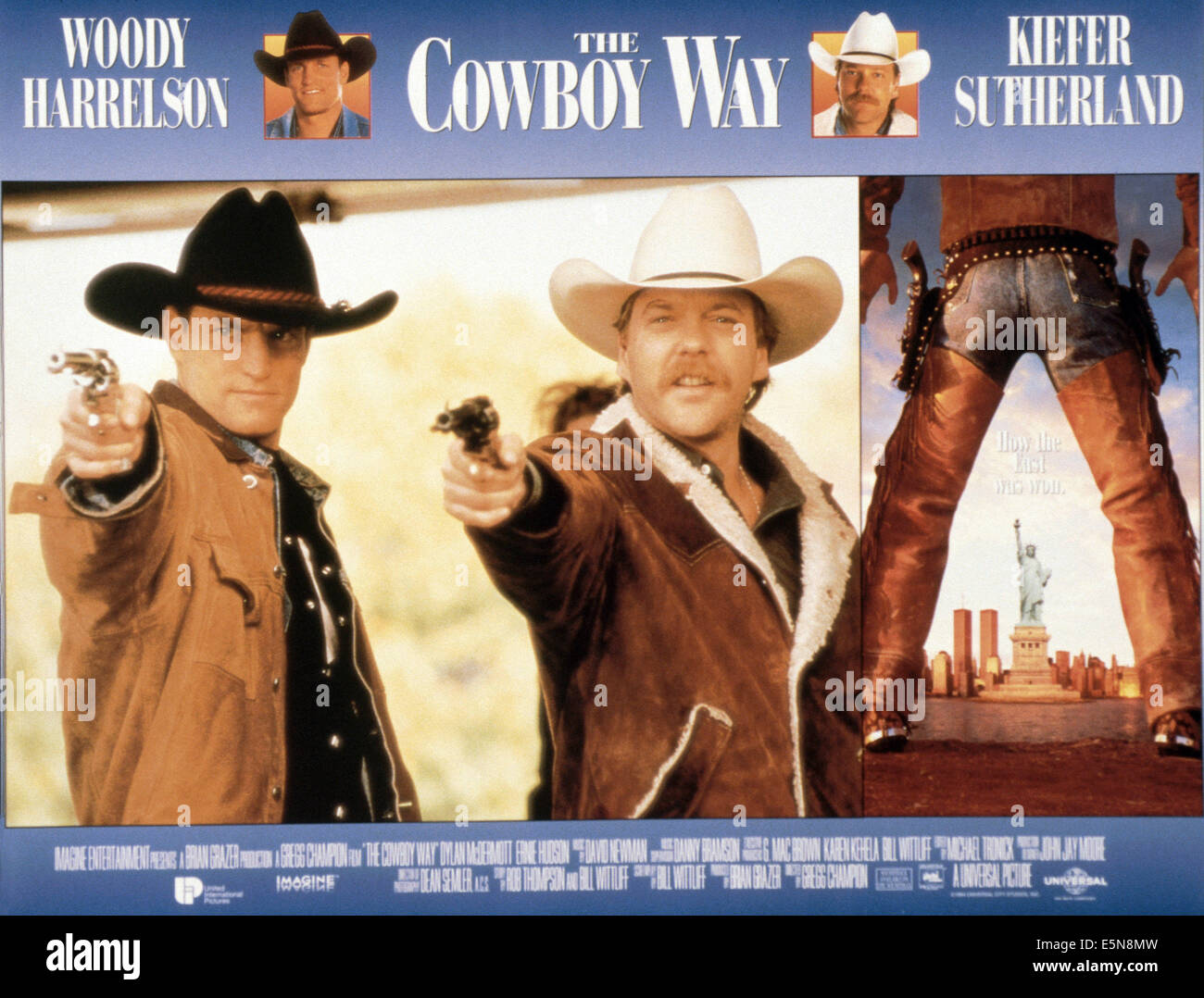 Il cowboy modo, da sinistra: Woody Harrelson, Kiefer Sutherland, 1994, © Universal/cortesia Everett Collection Foto Stock