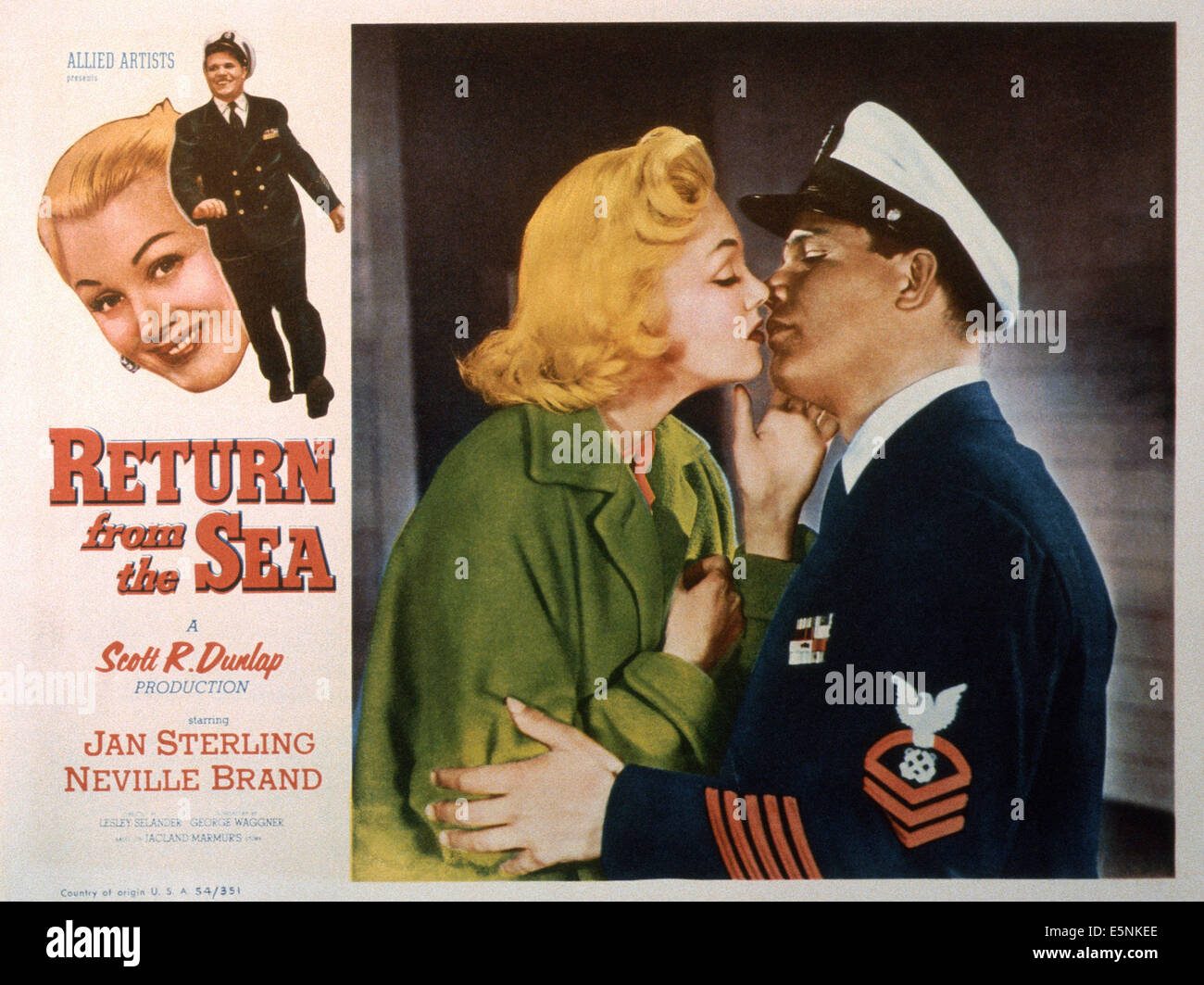 Di ritorno dal mare, noi lobbycard, da sinistra: Jan Sterling, Neville Brand, 1954 Foto Stock