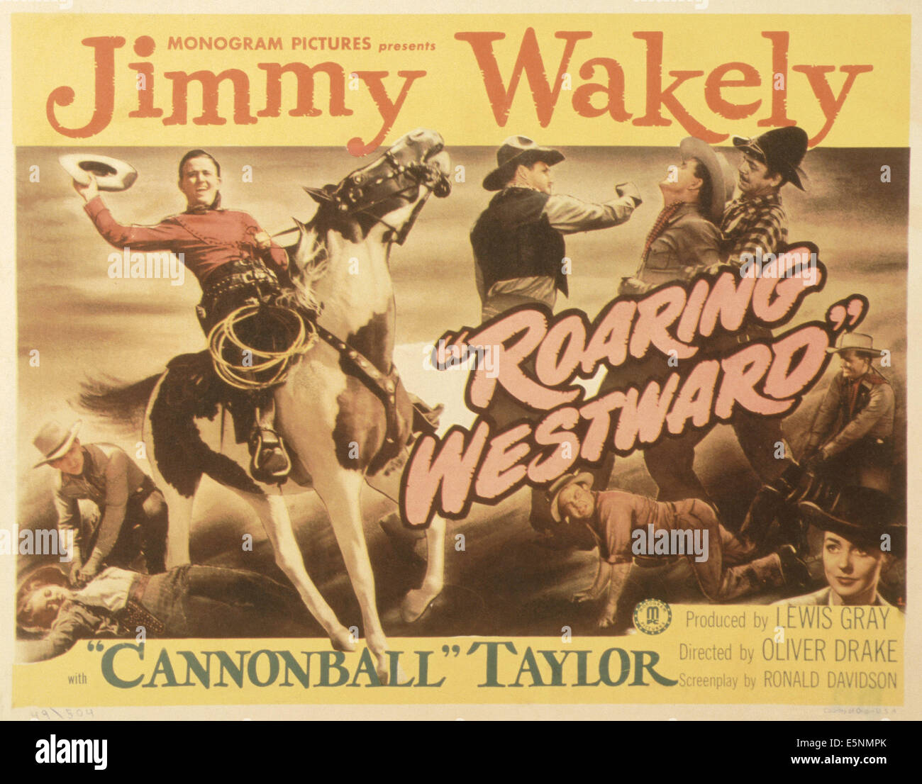 Ruggito a ovest, noi poster, Jimmy Wakely (cavallo), Dub Taylor (0n carponi), Lois Hall (in basso a destra), 1949 Foto Stock