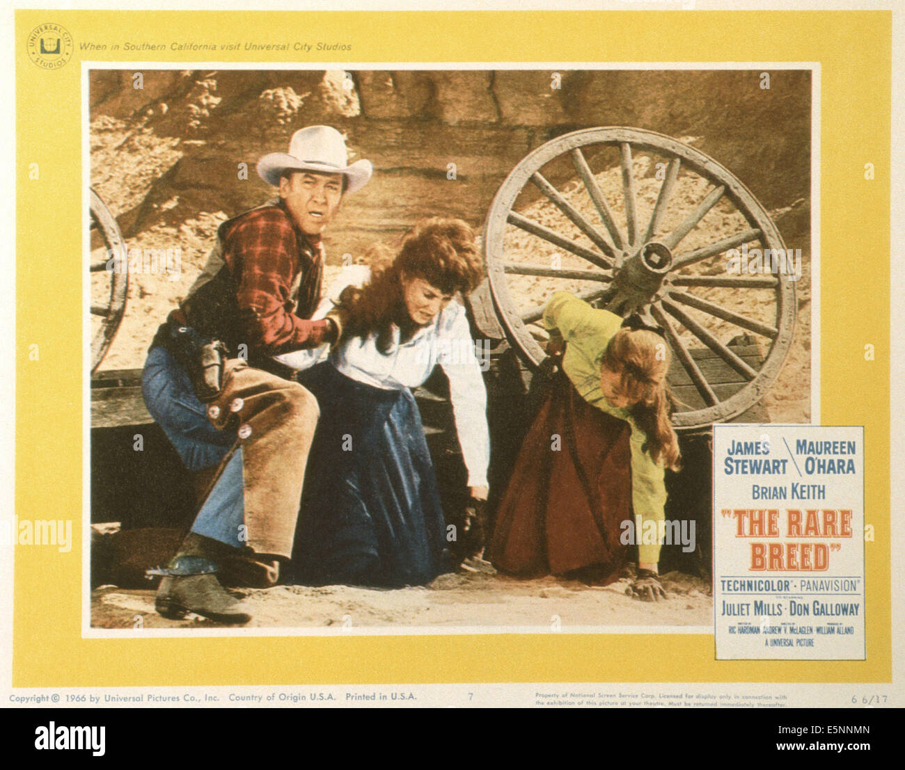 La razza rara, noi lobbycard, da sinistra: James Stewart, Maureen O'Hara, Juliet Mills, 1966 Foto Stock
