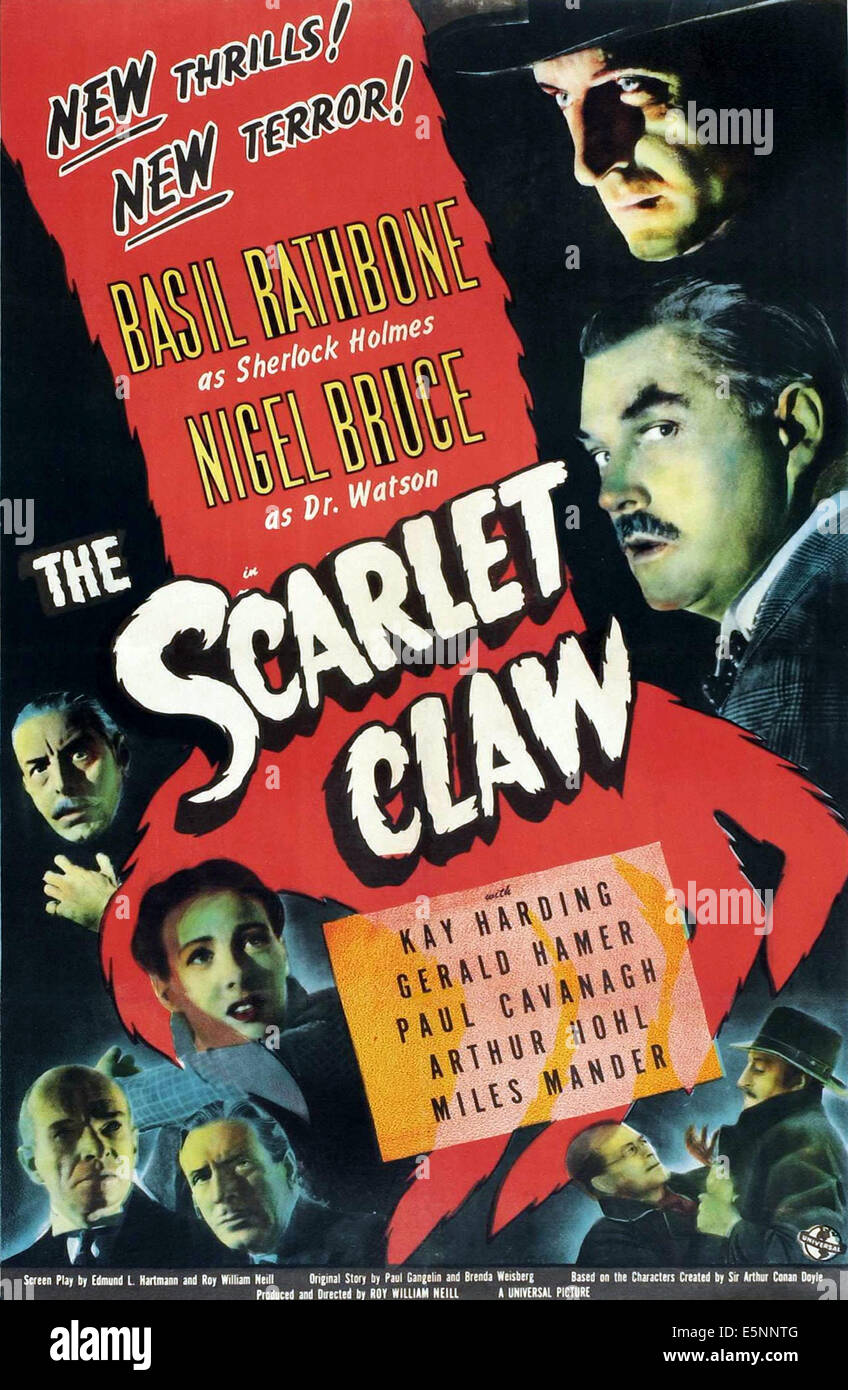 La Scarlet CLAW, (aka Sherlock Holmes and the SCARLET CLAW), in alto a destra, dall'alto: Basil Rathbone, Nigel Bruce; in basso a sinistra, Foto Stock