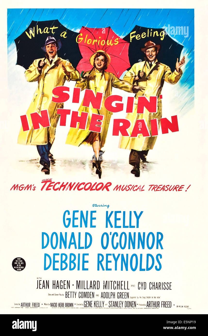 SINGIN' SOTTO LA PIOGGIA, noi poster artm, da sinistra: Gene Kelly, Debbie Reynolds, Donald O'Connor, 1952 Foto Stock