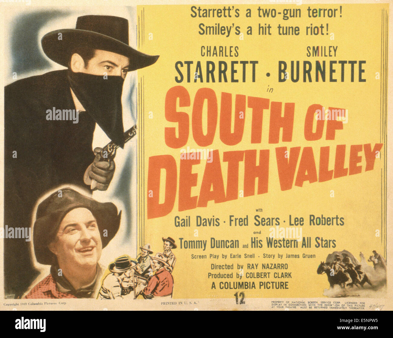 A SUD DI DEAT VALLEY, noi poster, dall'alto: Charles Starrett, Smiley Burnette, 1949 Foto Stock