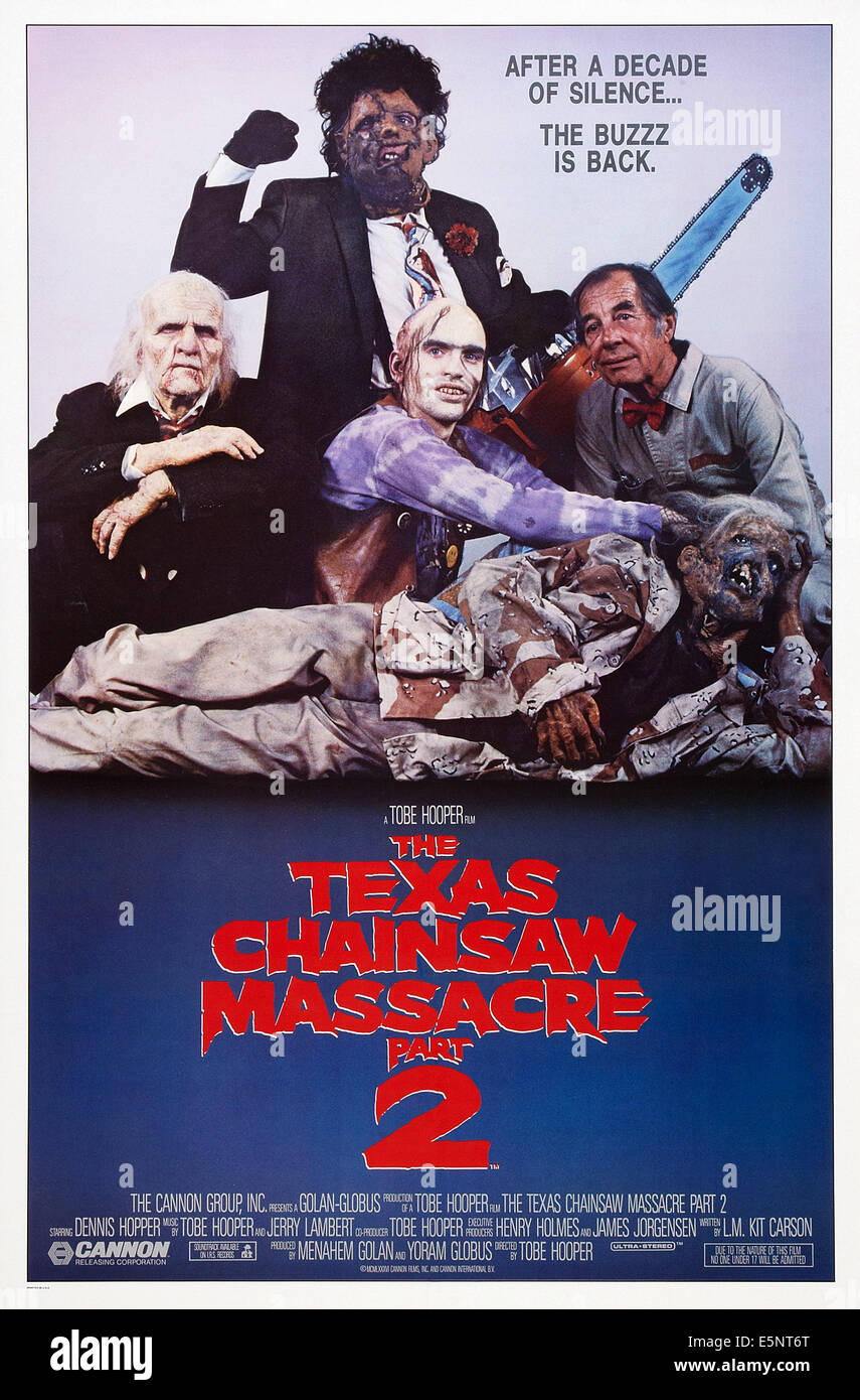 Il Texas Chainsaw Massacre 2, noi poster, Bill Johnson (posteriore), centro da sinistra: Ken Evert, Jim Siedow, Bill Moseley, 1986, © Foto Stock