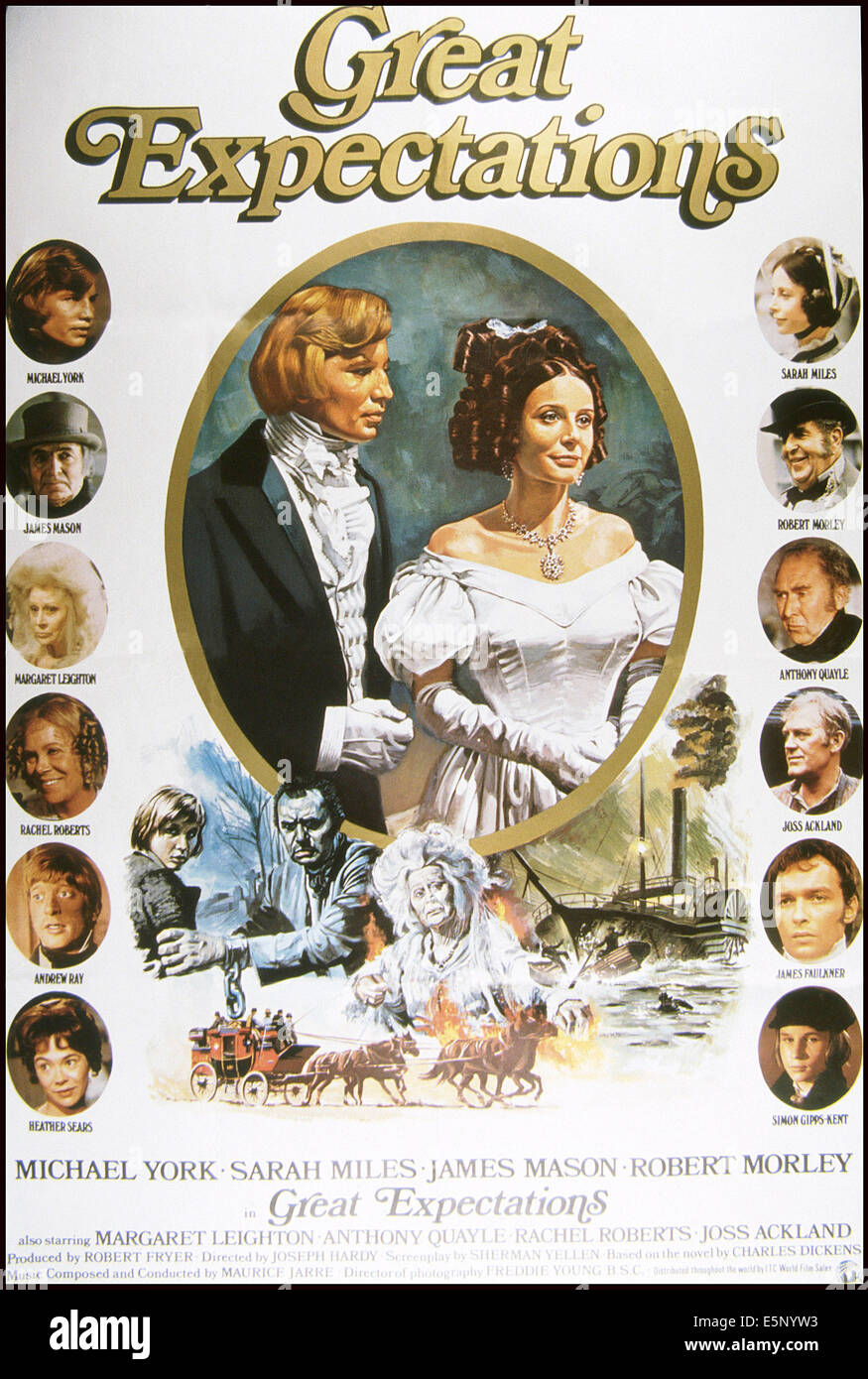Grandi aspettative, centro da sinistra: Michael York, Sarah miglia, a sinistra dall'alto: Michael York, James Mason, Margaret Leighton, Foto Stock