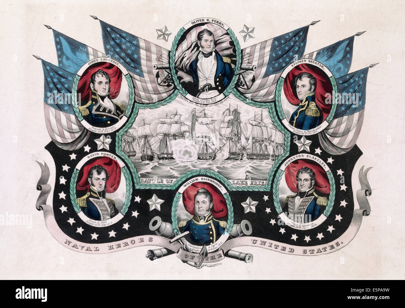 Eroi della marina degli Stati Uniti: ritratti di Oliver H. Perry, Stephen Decatur, Johnston Blakeley, William Bainbridge, David Porter, e James Lawrence che circonda una vignetta autostradale della battaglia del Lago Erie. Foto Stock