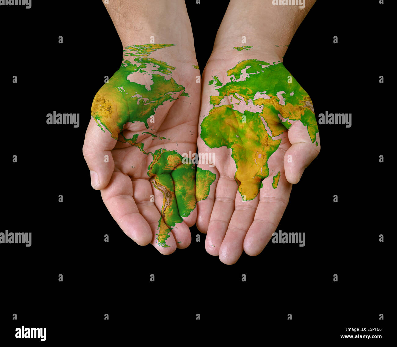 Mappa mondo dipinto sulle mani. Foto Stock