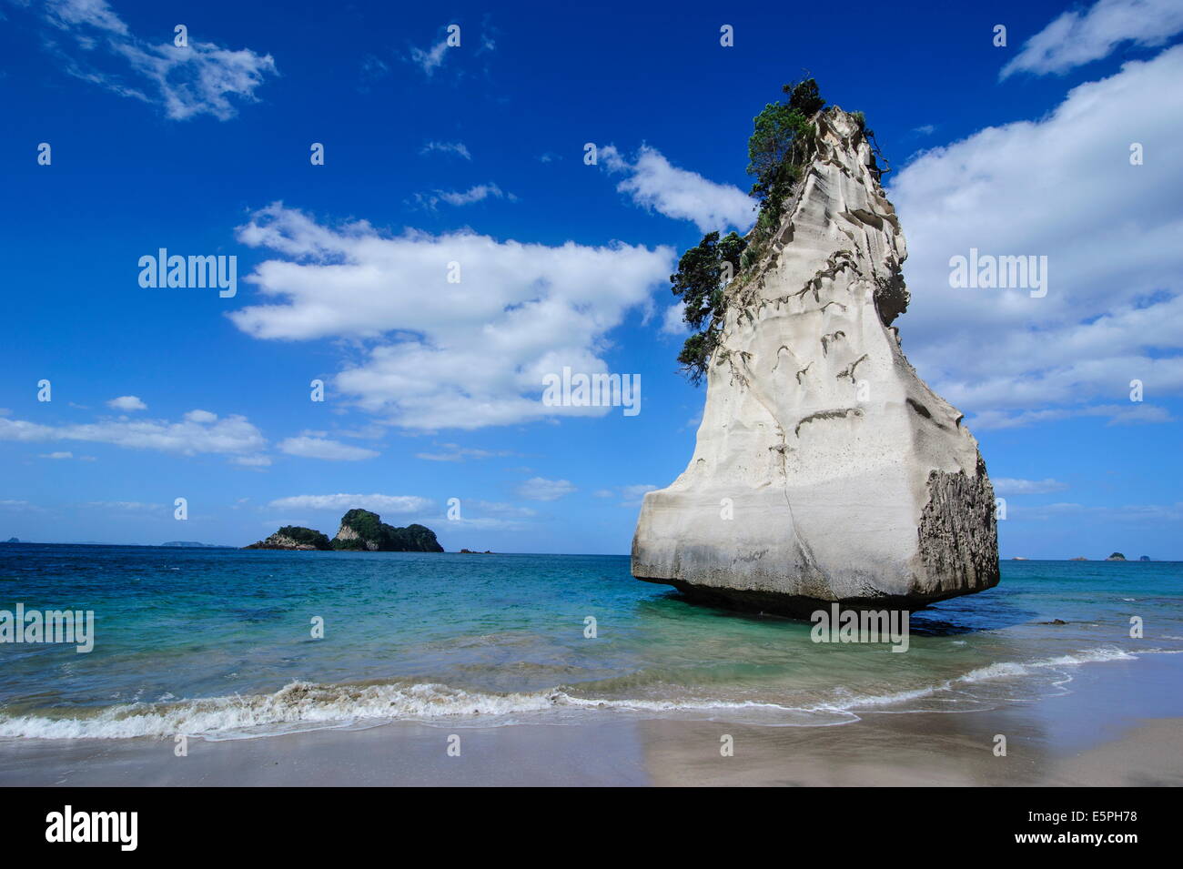 Roccia gigante sulla spiaggia di sabbia di Cove della cattedrale, Coromandel, Isola del nord, Nuova Zelanda, Pacific Foto Stock