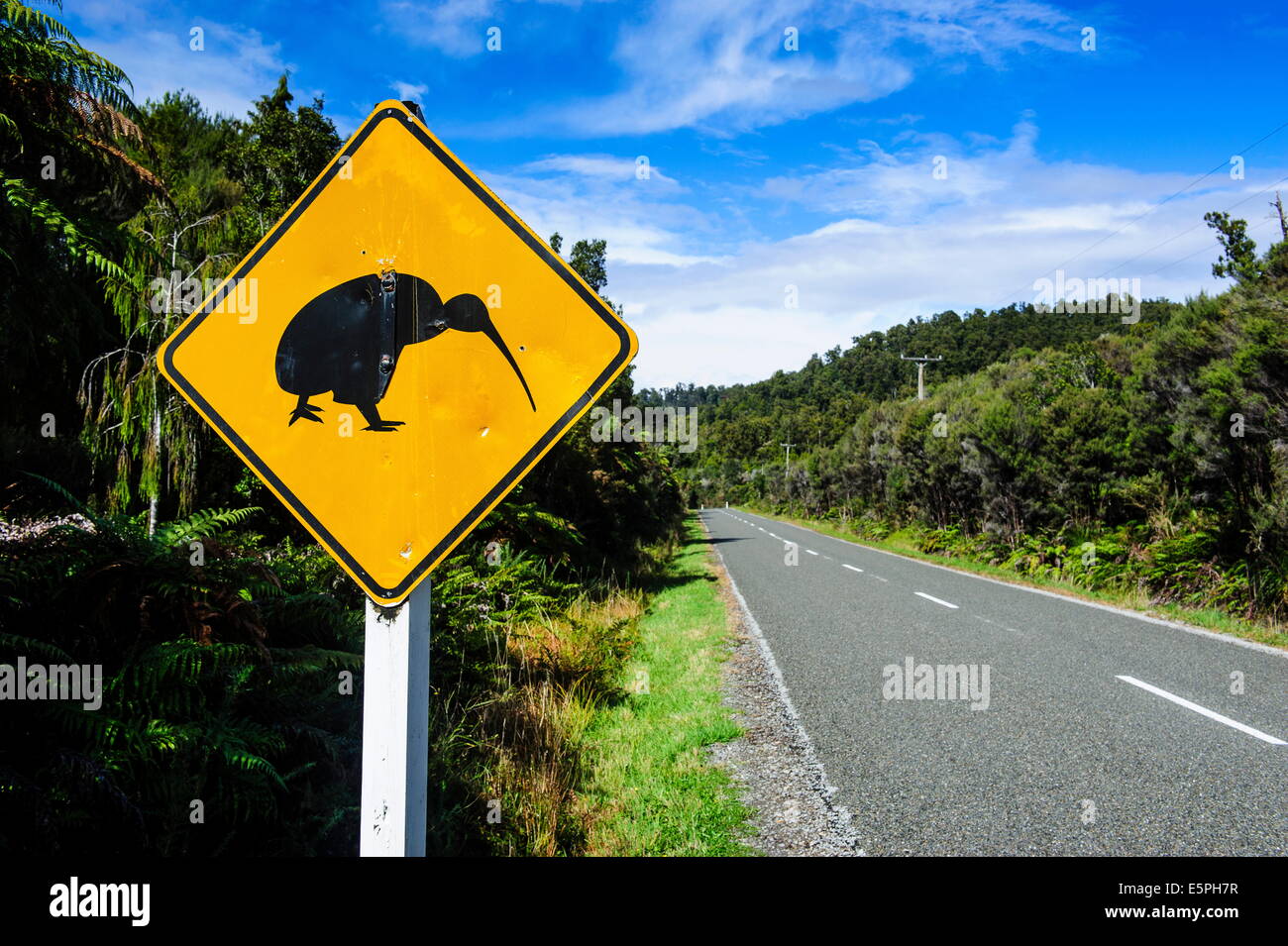 Kiwi un cartello di segnalazione lungo la strada tra il ghiacciaio Fox e Greymouth, South Island, in Nuova Zelanda, Pacific Foto Stock