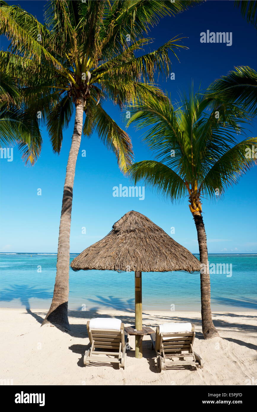 Le palme e la sabbia bianca della spiaggia vicino al Lux Le Morne Hotel Le Morne Brabant Penisola, Mauritius, Oceano indiano, Africa Foto Stock