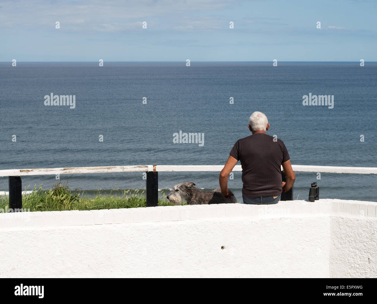 Uomo seduto con il cane e guardando il mare, Cambs, Redcar e Cleveland, England, Regno Unito Foto Stock