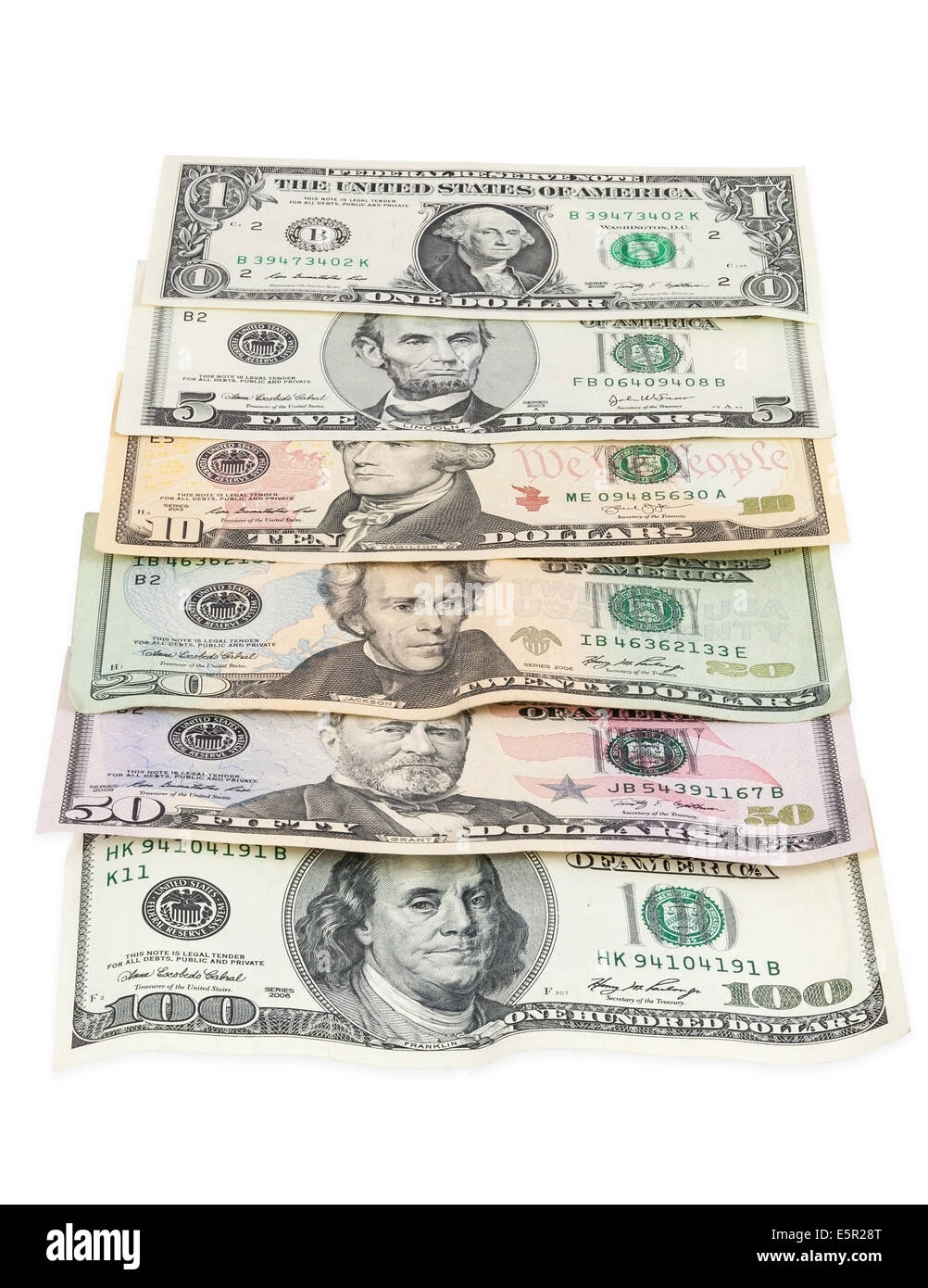 Serie di banconote di dollari su sfondo bianco su sfondo bianco con tracciato di ritaglio Foto Stock