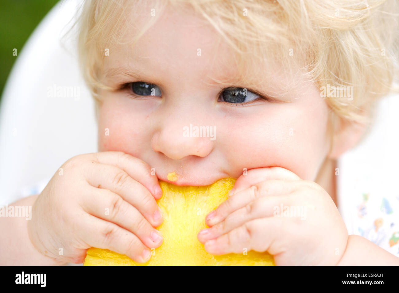 10 mesi baby mangiare ananas. Foto Stock