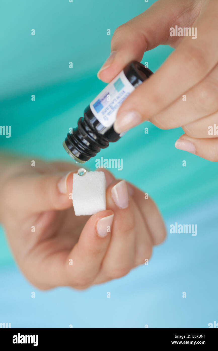 Donna prendendo olio essenziale su una zolletta di zucchero. Foto Stock