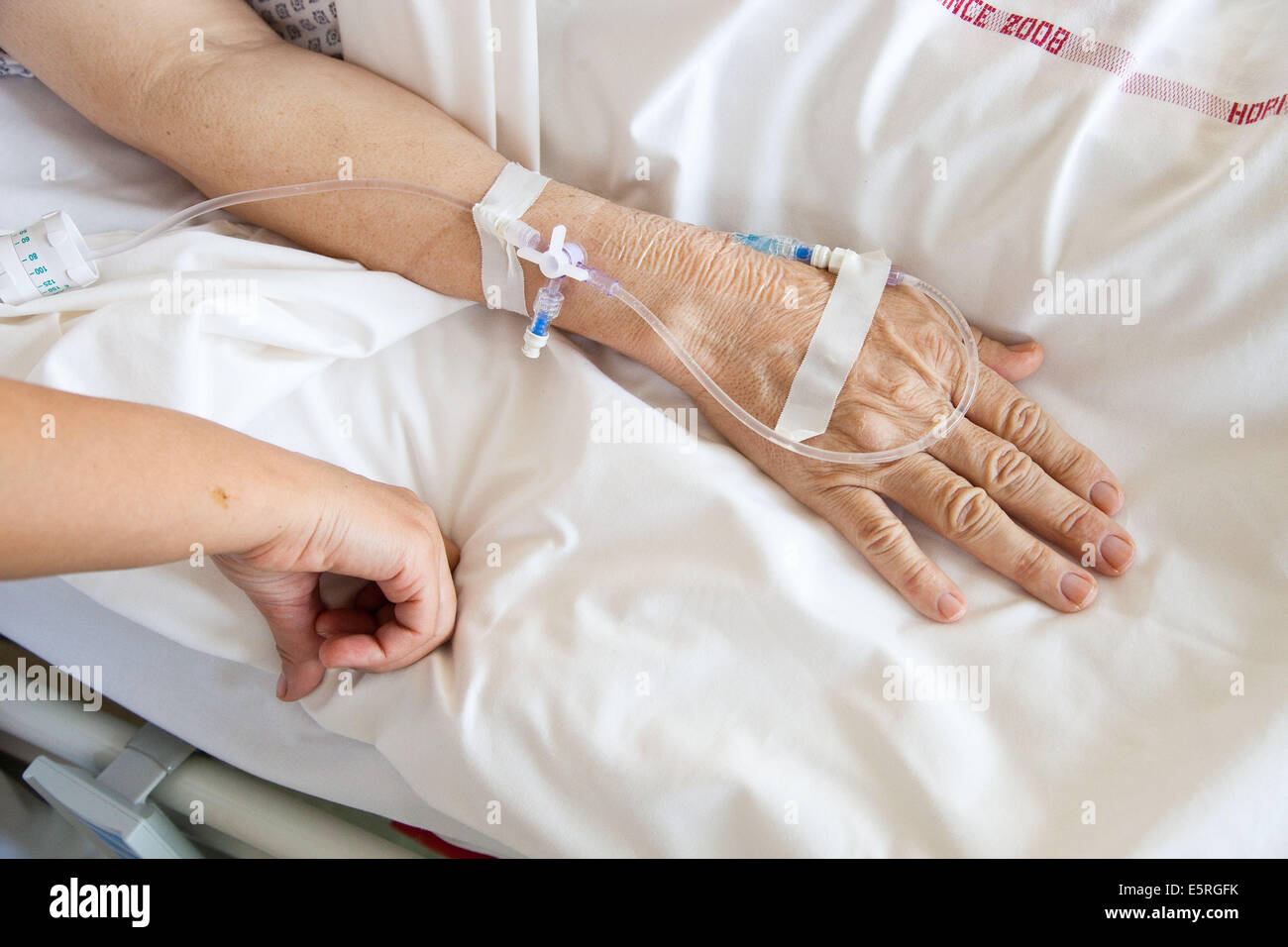 Catetere utilizzato per la somministrazione di morfina, Cure Palliative dipartimento, ospedale di puteaux, Francia. Foto Stock