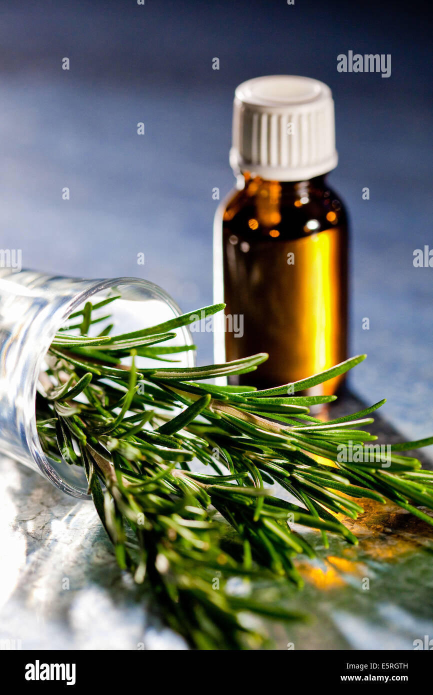 Bottiglia di olio essenziale di rosmarino. Foto Stock
