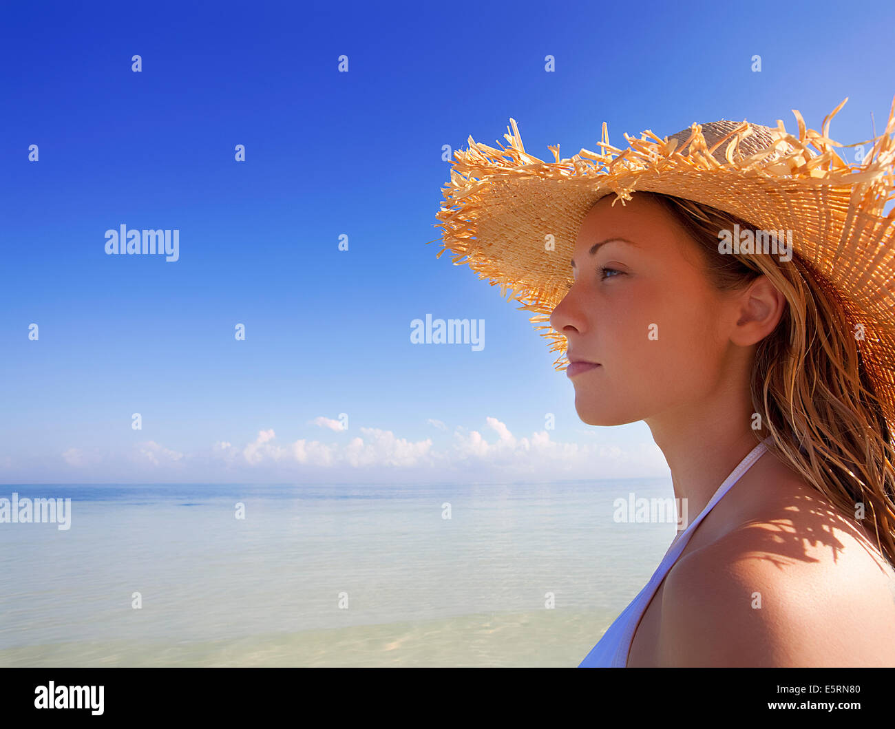 Donna sulla spiaggia in bikini a Key West, Florida, Stati Uniti d'America Foto Stock