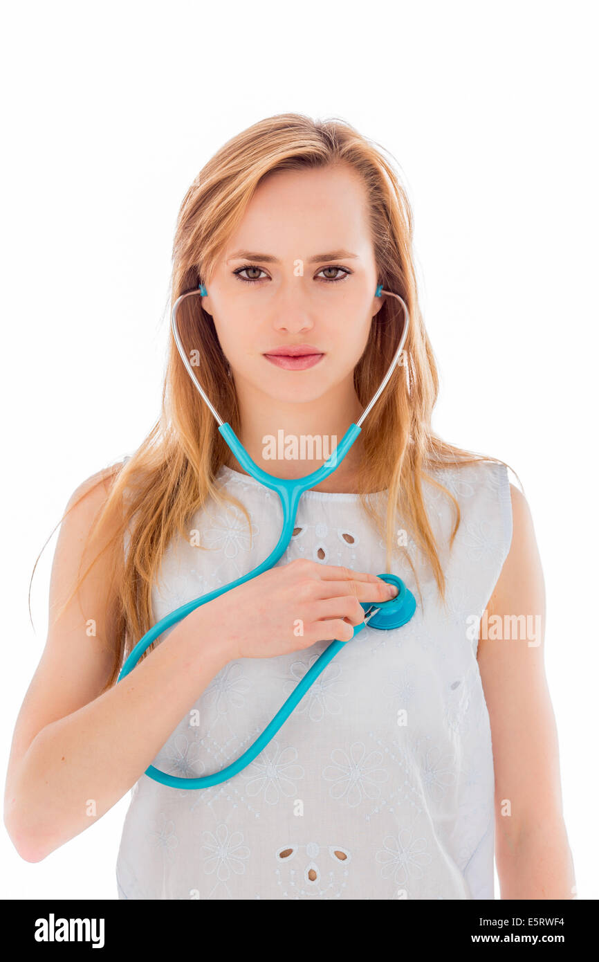 Donna controllando il suo hearbeats con uno stetoscopio, illustrazione per l'auto-monitoraggio. Foto Stock