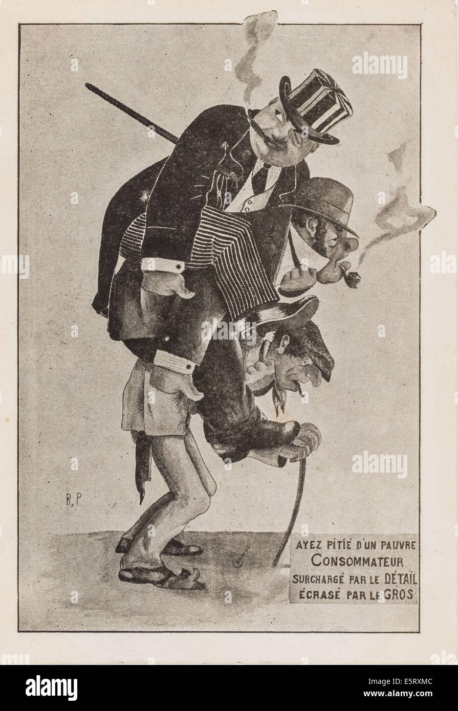 Vecchia cartolina umoristica dal 1900, caricatura attorno all'ingrosso e al dettaglio, i margini di profitto e di consumo, esso mostra un consumatore Foto Stock