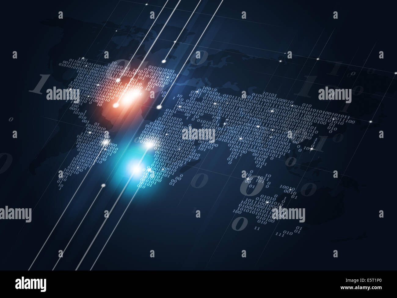 Tecnologia astratta codice binario mappa del mondo su sfondo blu scuro Foto Stock
