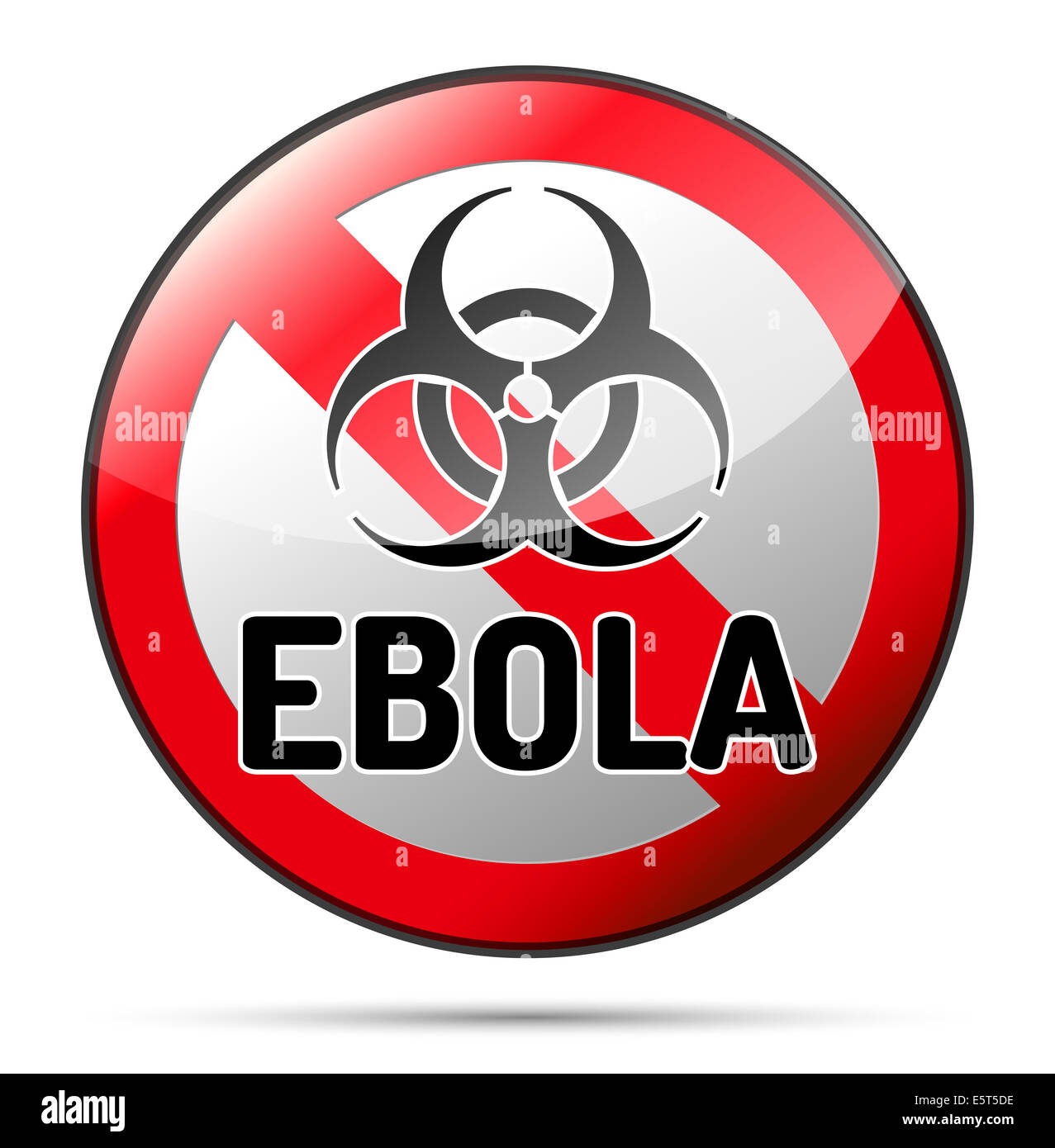 Ebola virus Biohazard segnaletica di pericolo di riflettere e di ombra su sfondo bianco. Isolate il simbolo di avvertimento. Foto Stock