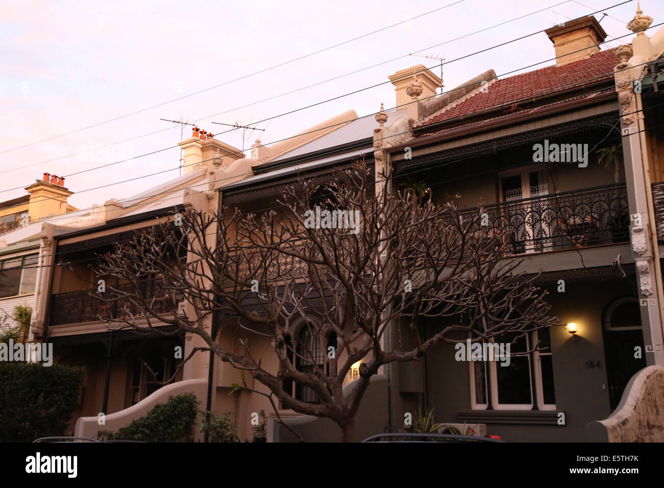 Case a schiera in Sydney sobborgo di Forrest Lodge al tramonto. Foto Stock