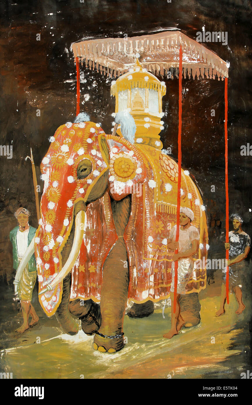 La pittura di un riccamente decorate Elephant al Esala Perahera Festival, Kandy, Sri Lanka Foto Stock