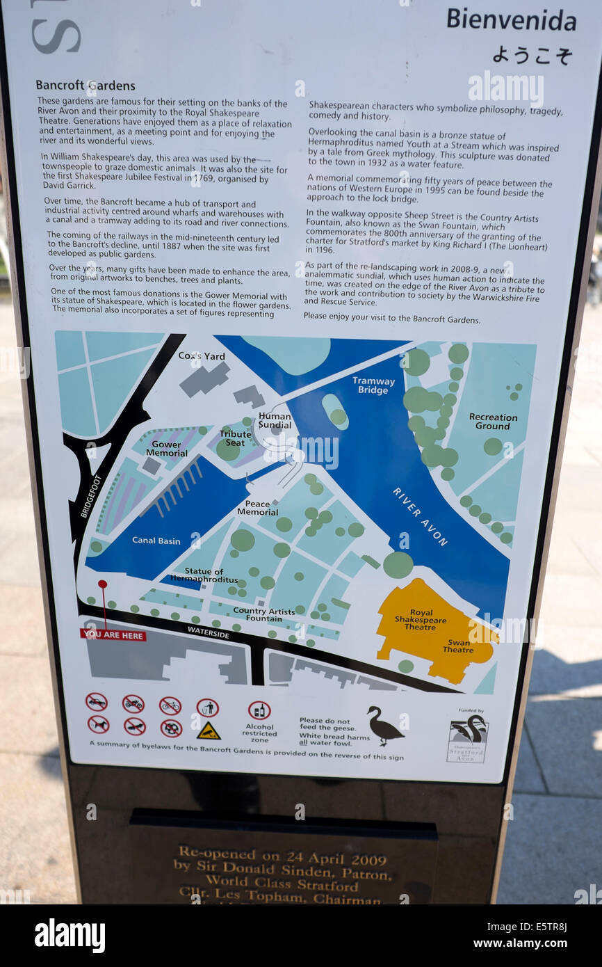 Mappa Turistica Bancroft Gardens Canal Stratford Upon Avon Regno Unito Regno Unito Inghilterra Gran Bretagna Foto Stock