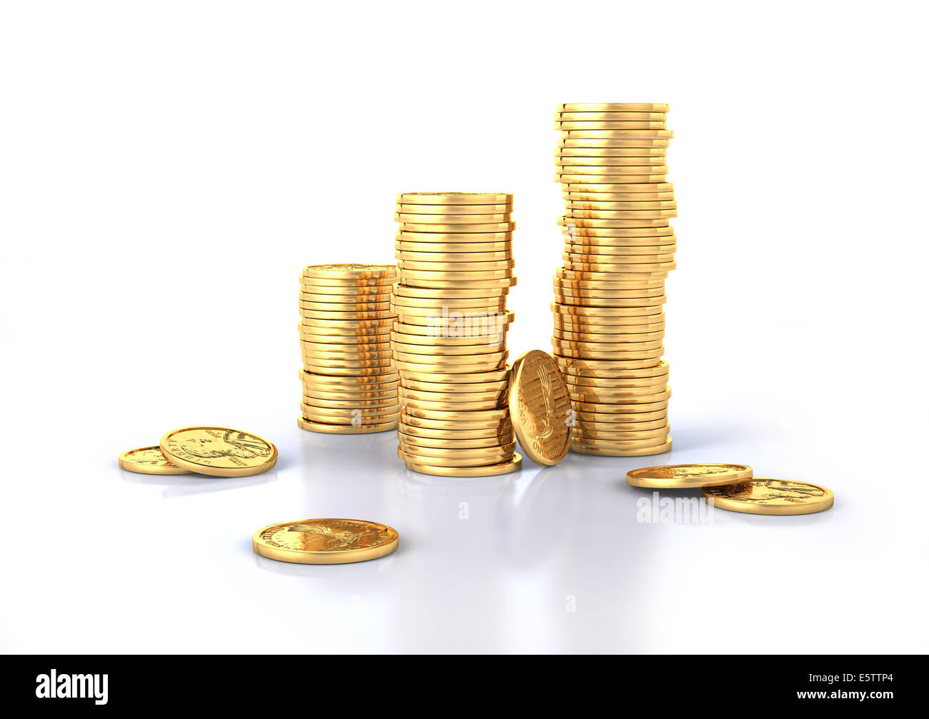 Dollaro in oro monete di pile e un paio di perdere su una superficie bianca, leggermente riflettente. Sfondo bianco. Foto Stock