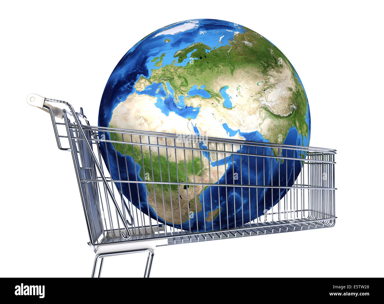 Il Pianeta Terra nel carrello del supermercato. Africa, Europa e Asia. Su sfondo bianco. percorso di clipping incluso. Foto Stock