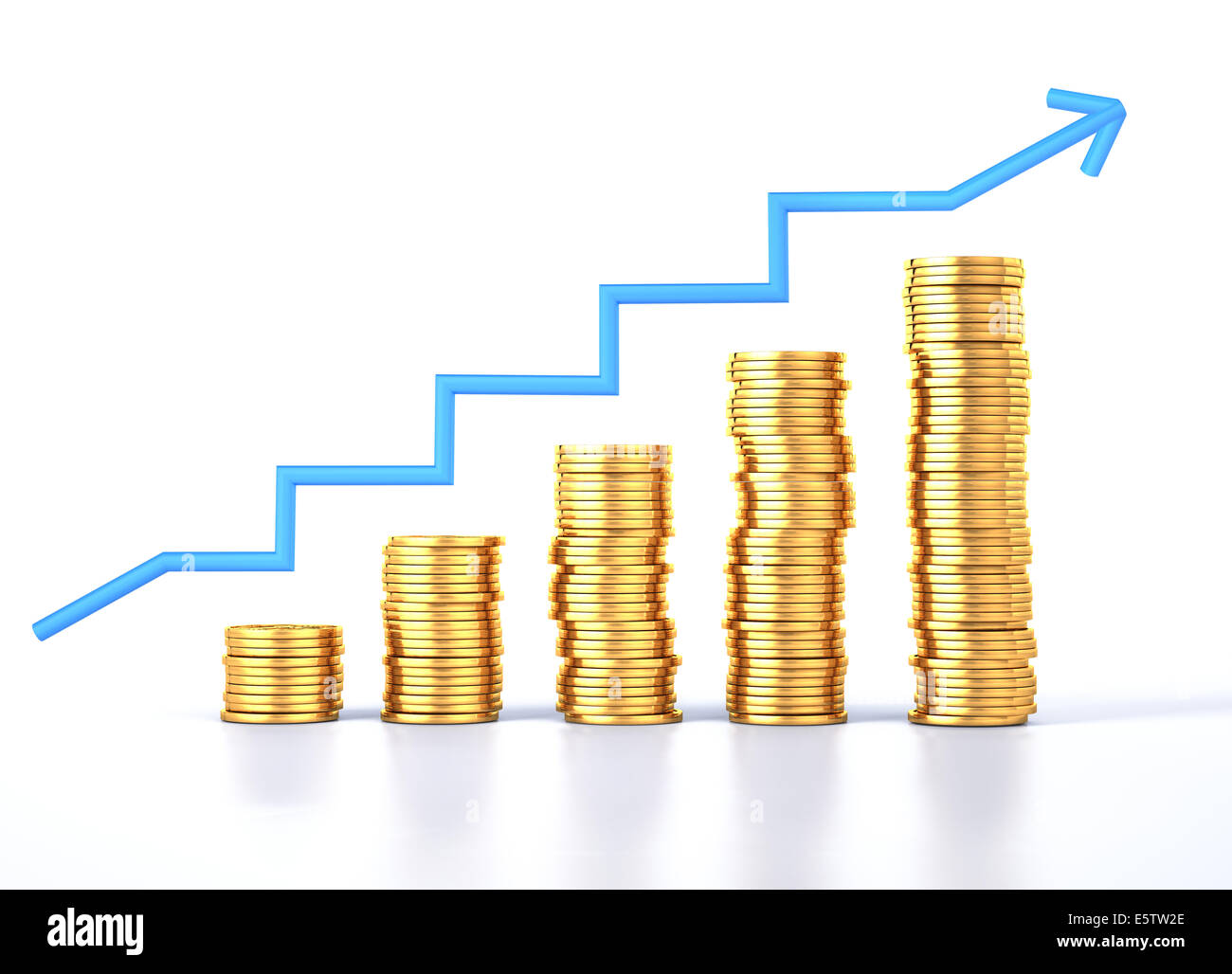 Dollaro in oro monete di pile con freccia grafico. Su sfondo bianco. Foto Stock
