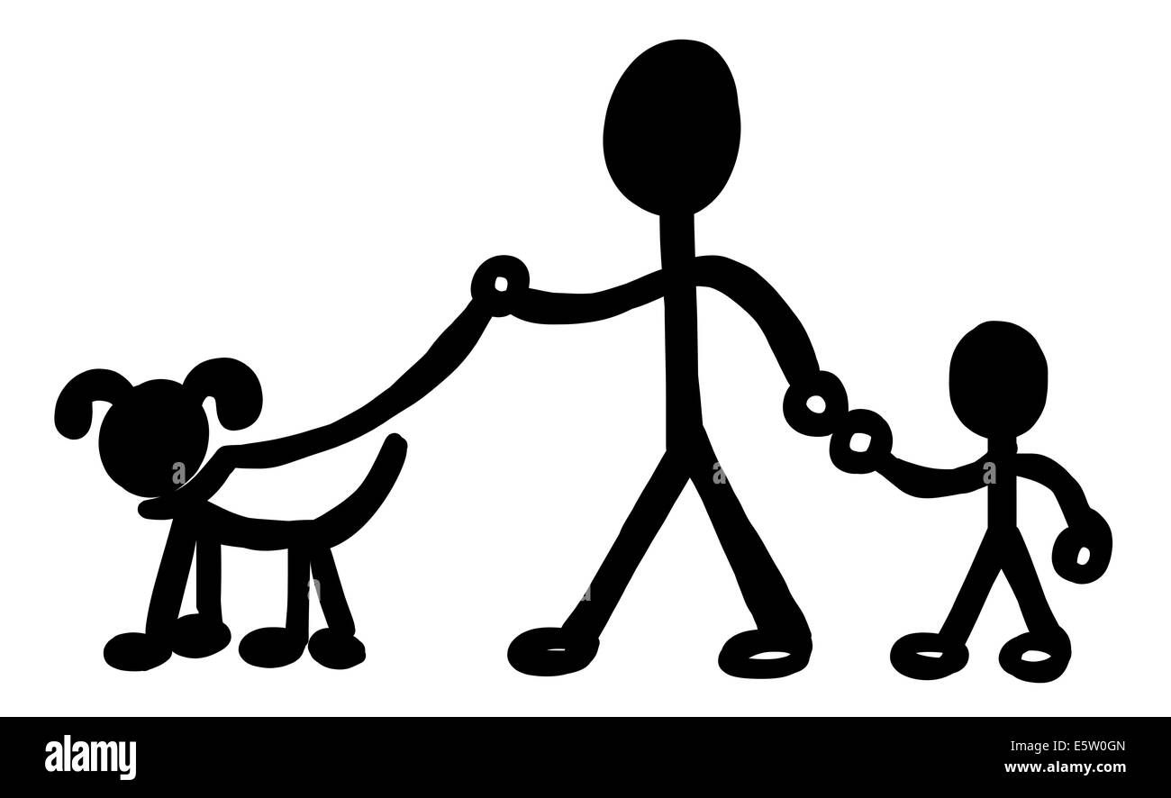 Profilo di una famiglia a piedi un cane Foto Stock