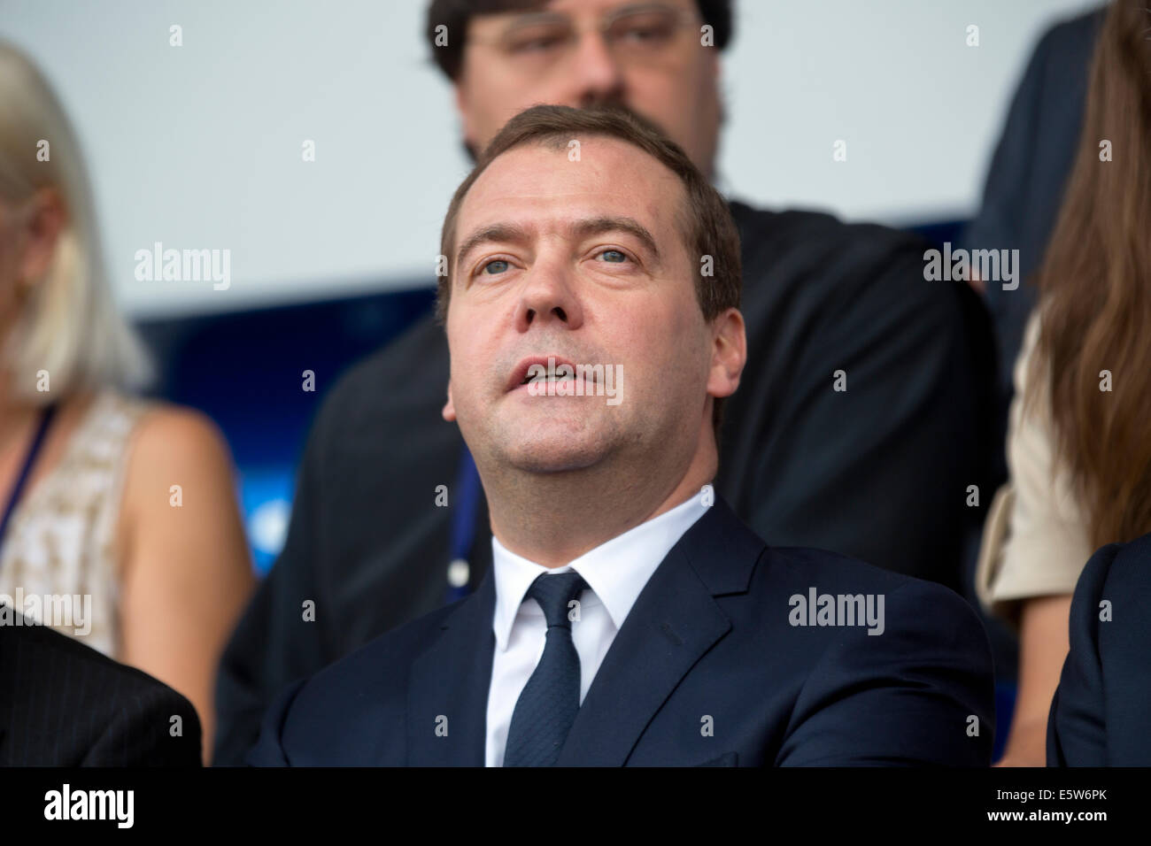 Mosca, Russia. 6 Ago, 2014. primo ministro russo Dmitry Medvedev durante la cerimonia di apertura della canoa sprint world Championship credito: nikolay vinokurov/alamy live news Foto Stock