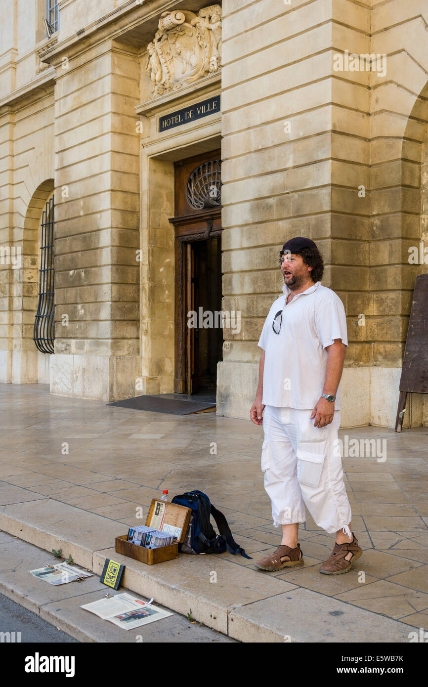 Street performer di fronte all'Hotel de Ville ,Place de la République, Arles, Francia. JMH6256 Foto Stock
