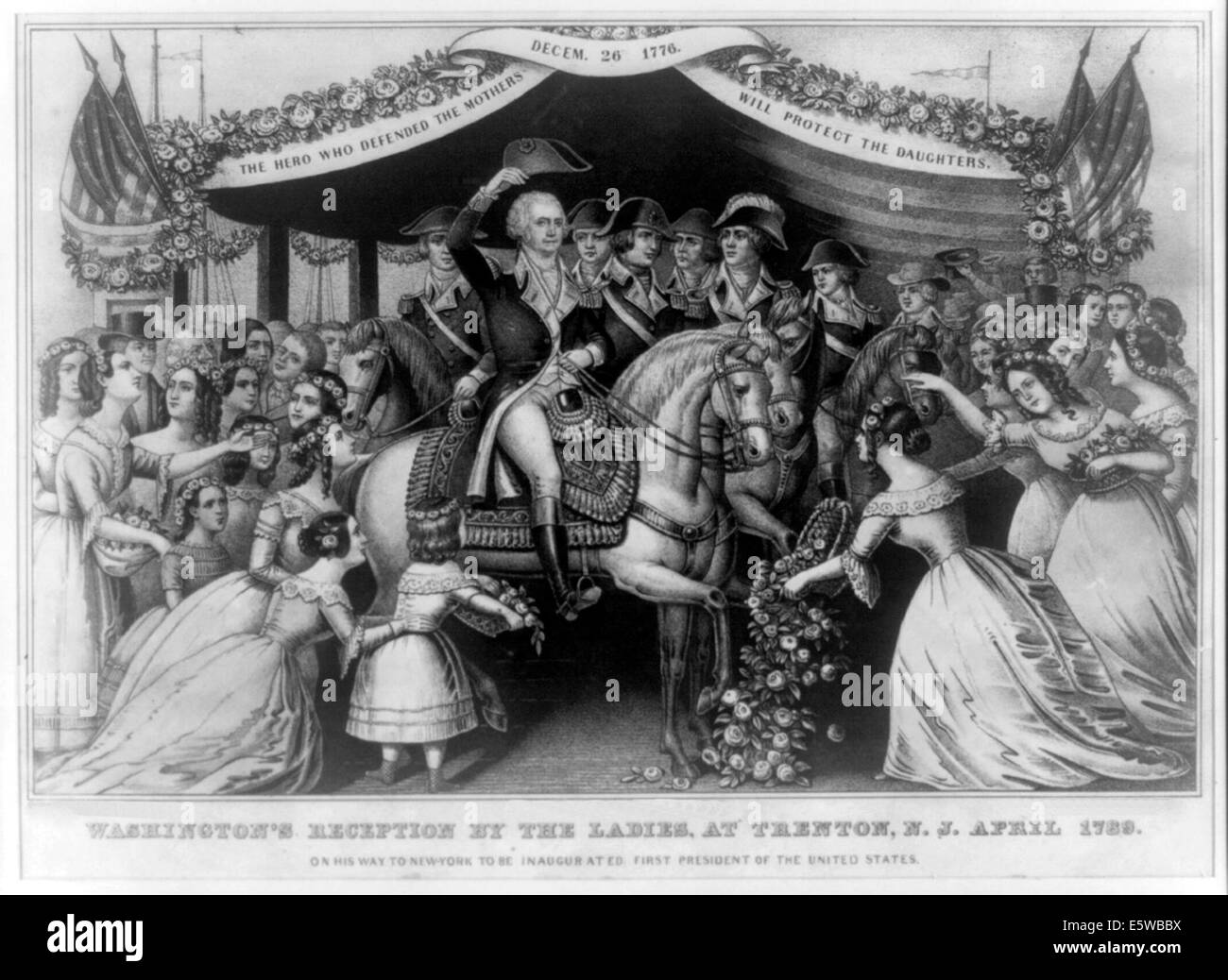 Washington la ricezione da parte del Signore, sul ponte a Trenton, N.J. Aprile, 1789 sul suo modo di New York per essere inaugurato il primo Presidente degli Stati Uniti. Foto Stock