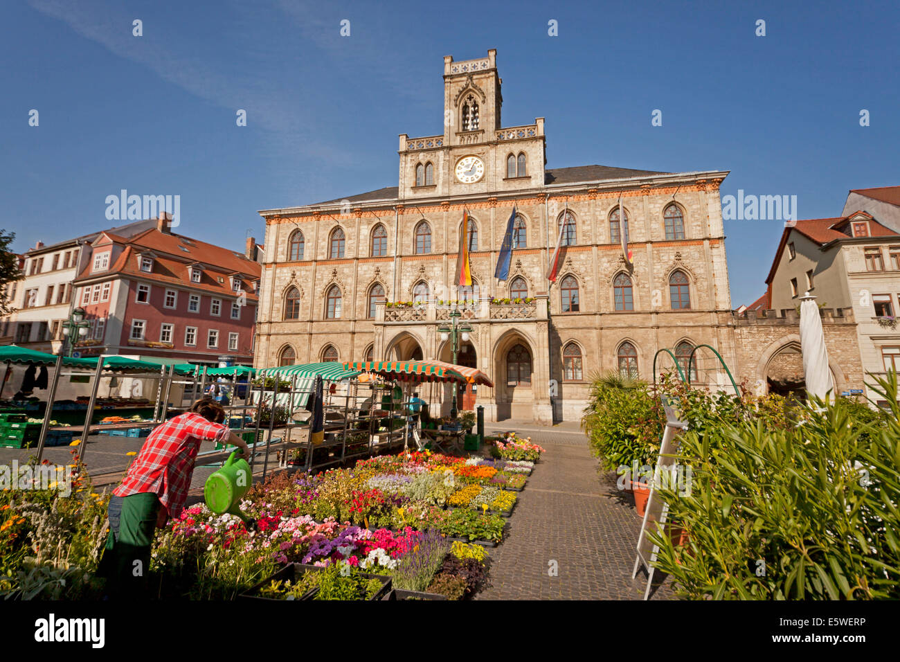 La piazza del mercato e Weimar city hall, Turingia, Germania, Foto Stock