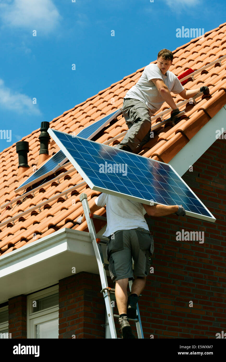 Lavoratori il trasporto e l'installazione di pannelli solari sul tetto della nuova casa, Paesi Bassi Foto Stock