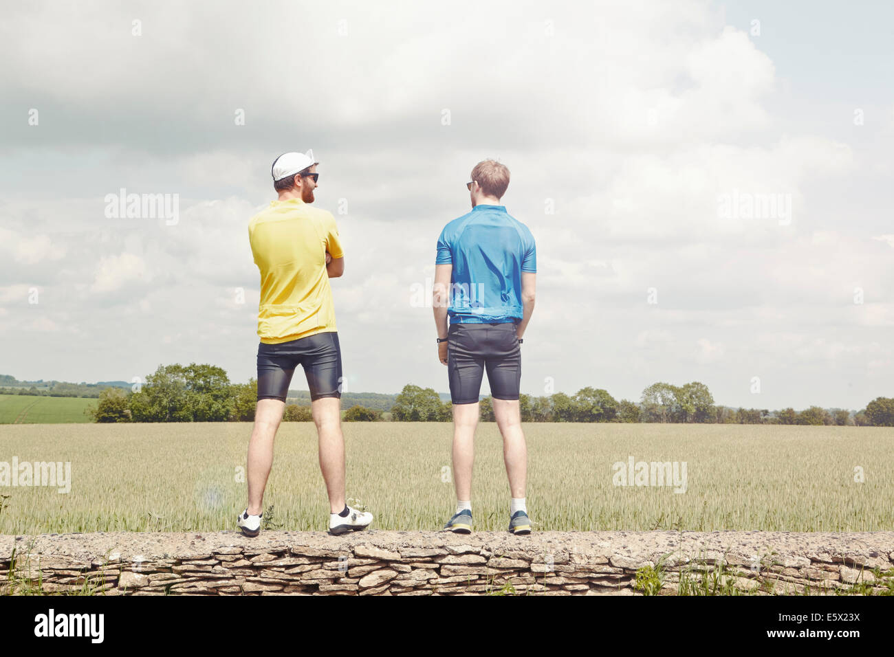 I ciclisti in piedi sul muro di pietra, Cotswolds, REGNO UNITO Foto Stock