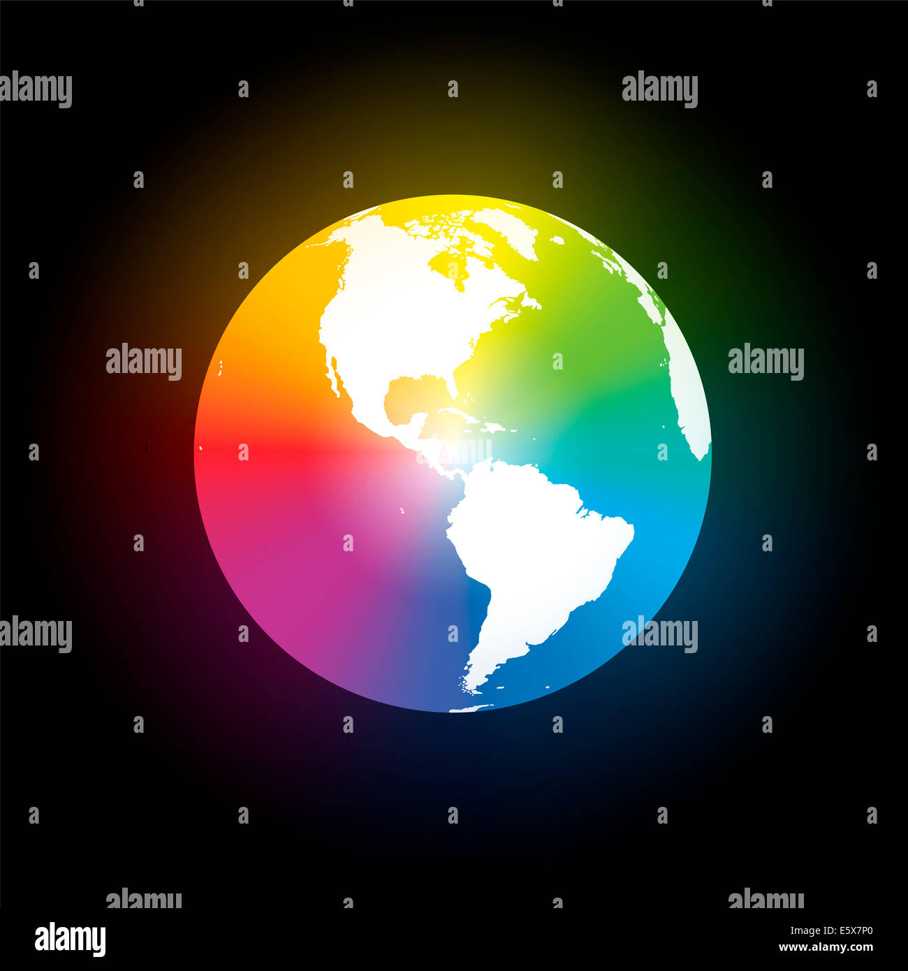 Rainbow gradiente di colore del pianeta terra liscio con aura, sfondo nero. Foto Stock