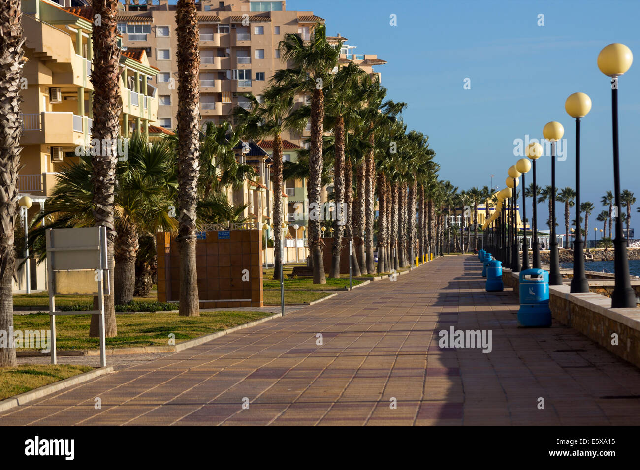 Strada litorale con lampade e palme in La Manga, Spagna Foto Stock