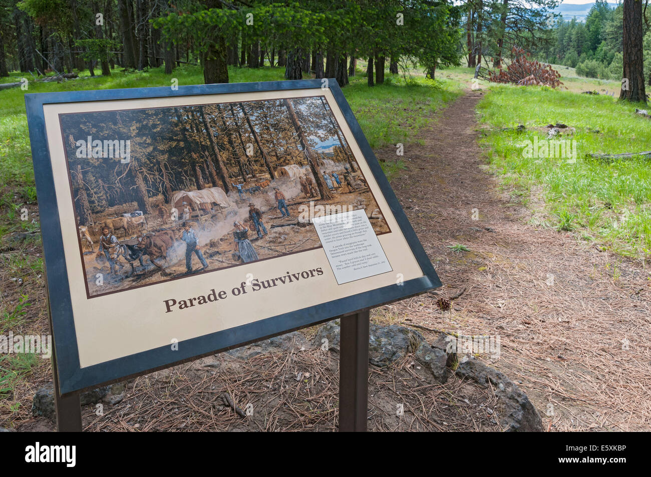 Blue Mountain Crossing, Oregon Trail Interpretive Park, vicino la Grande, Oregon, segno interpretative Foto Stock