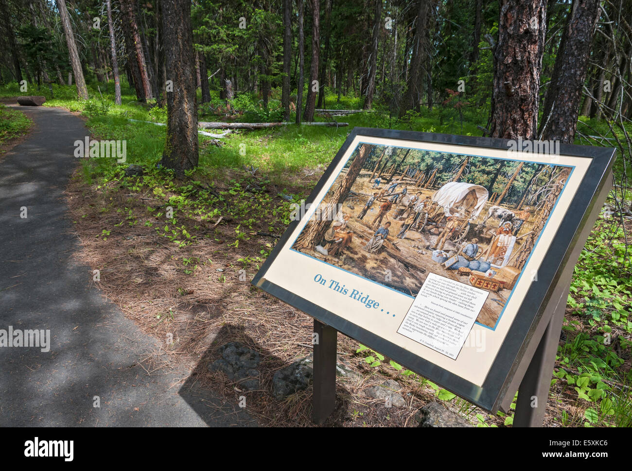 Blue Mountain Crossing, Oregon Trail Interpretive Park, vicino la Grande, Oregon, segno interpretative Foto Stock