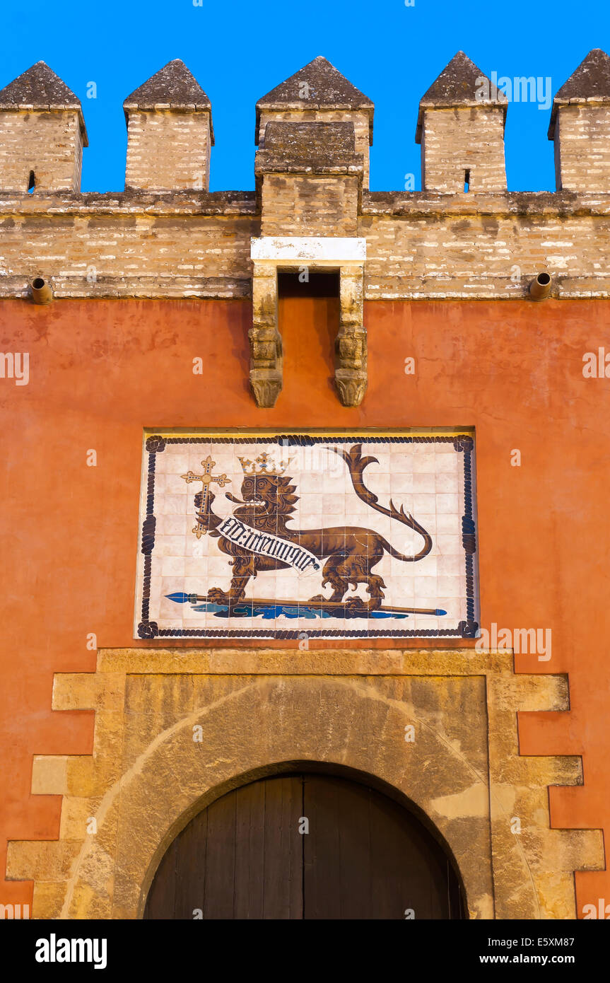 Royal Alcazar, Porta del Leone, Siviglia, regione dell'Andalusia; Spagna, Europa Foto Stock