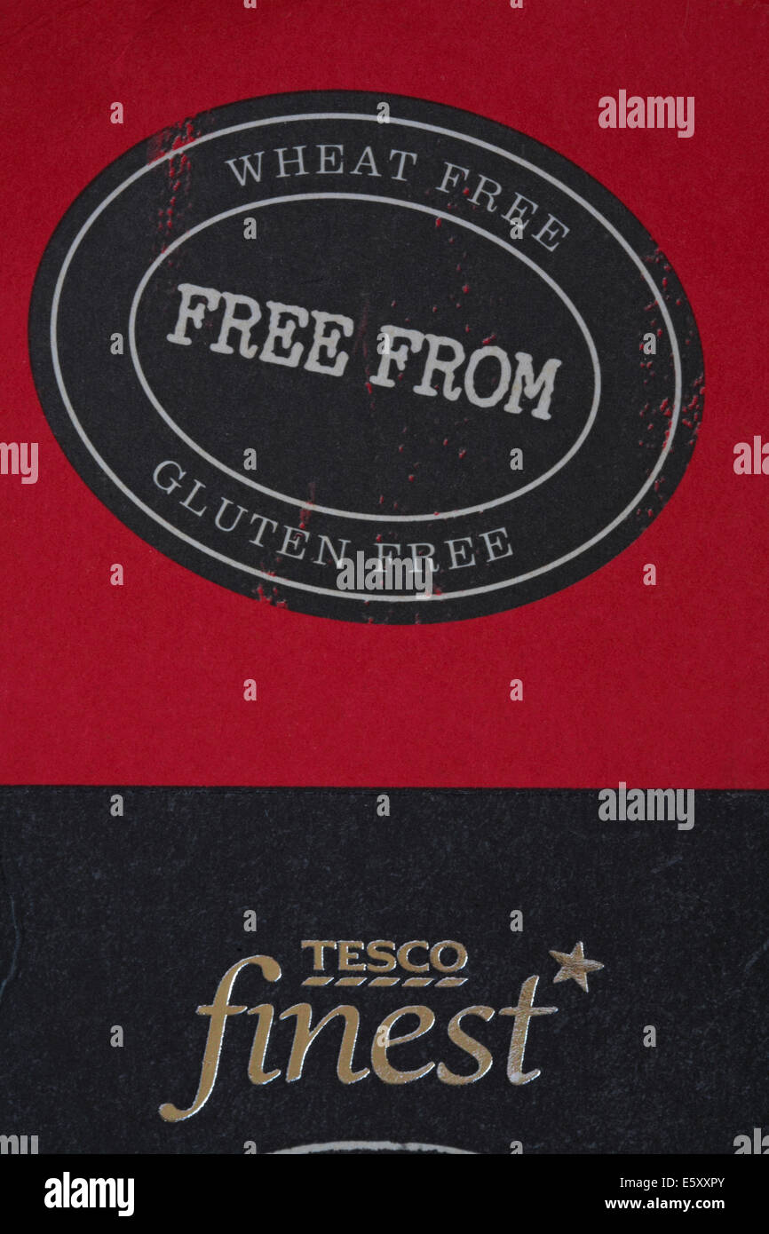 Frumento libero esente da glutine simbolo informazioni logo sulla confezione di Tesco Finest cookie Foto Stock