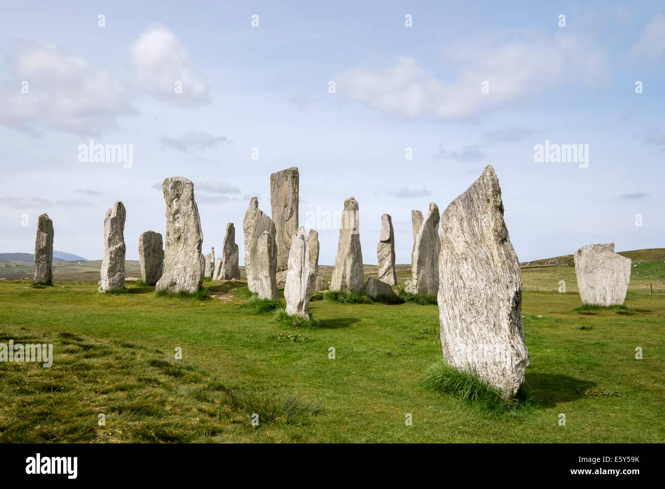 Il neolitico pietre in piedi in Callanish cerchio di pietra da 4500 BC. Calanais isola di Lewis Ebridi Esterne Western Isles della Scozia Foto Stock